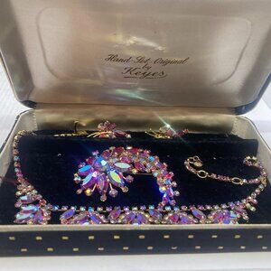Vtg 1950 KEYES red siam crystal rhinestone earrings brooch necklace set